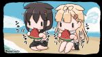  2girls ahoge artist_name beach chibi eating food fruit hair_flaps hair_ornament hair_ribbon kantai_collection multiple_girls poipoi_purin ribbon shigure_(kantai_collection) swimsuit tagme translation_request watermelon yuudachi_(kantai_collection) 