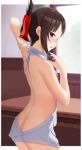  1girl absurdres ass backless_outfit blush brown_hair cowboy_shot from_behind grey_ribbon grey_sweater hair_ribbon highres indoors kaguya-sama_wa_kokurasetai_~tensai-tachi_no_renai_zunousen~ meme_attire naked_sweater profile red_eyes red_ribbon redsoul0310 ribbed_sweater ribbon shinomiya_kaguya shiny shiny_hair shiny_skin short_hair shoulder_blades solo standing sweater tied_hair virgin_killer_sweater 