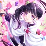  1girl bangs black_hair bug butterfly butterfly_hair_ornament cape closed_mouth floating_hair gradient_hair hair_ornament highres holding holding_sword holding_weapon insect jacket katana kimetsu_no_yaiba long_hair long_sleeves looking_at_viewer multicolored_hair purple_hair purple_jacket sakura_rio1116 sheath shiny shiny_hair side_ponytail smile solo sword tsuyuri_kanao unsheathing upper_body violet_eyes weapon white_cape 