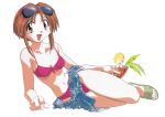  1990s_(style) 1girl bikini brown_eyes brown_hair eyewear_on_head full_body holding_drink looking_at_viewer maze_bakunetsu_jikuu mill_varna navel official_art open_mouth pink_bikini sandals sarong short_hair simple_background sitting solo suganuma_eiji swimsuit white_background yokozuwari 