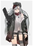  1girl assault_rifle black_jacket black_shorts blush eyebrows_visible_through_hair g11_(girls_frontline) girls_frontline grey_background grey_eyes grey_hair gun h&amp;k_g11 hat highres jacket long_hair looking_at_viewer military_hat rifle rotalasp scarf shirt shorts solo weapon white_shirt 