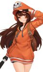  1girl absurdres backpack bag bangs bike_shorts blush brown_eyes brown_hair cabbie_hat eyebrows_visible_through_hair fingerless_gloves gloves guilty_gear guilty_gear_strive hair_between_eyes hat highres holding holding_weapon jacket long_hair long_sleeves looking_afar may_(guilty_gear) orange_headwear orange_hoodie orange_jacket pirate pirate_hat salute sanj simple_background skull smile solo thighs weapon white_background 