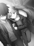  1boy 1girl bangs blush breasts collarbone contemporary fate/grand_order fate_(series) fujimaru_ritsuka_(male) fur-trimmed_jacket fur_trim greyscale hair_ribbon highres jacket kama_(fate/grand_order) large_breasts long_hair long_sleeves looking_at_viewer monochrome open_clothes open_jacket open_mouth ribbon short_hair spiky_hair wavy_mouth yamoge 