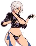  1girl angel_(kof) breasts cropped_jacket fingerless_gloves gloves highres large_breasts midriff navel okazunoridesuyo one_eye_covered short_hair solo the_king_of_fighters white_hair 