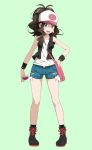  1girl aqua_background bag baseball_cap black_footwear blue_eyes boots brown_hair cross-laced_footwear curly_hair cutoffs denim denim_shorts exposed_pocket full_body handbag hat high_ponytail highres holding holding_poke_ball lace-up_boots long_hair looking_at_viewer poke_ball pokemon pokemon_(game) pokemon_bw ponytail short_shorts shorts simple_background smile socks solo tank_top touko_(pokemon) tsukishiro_saika vest wristband 