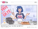  1girl ahoge apron blue_hair blue_shirt breasts collarbone collared_shirt cooking cutting_board eyebrows_visible_through_hair fang food hair_between_eyes hcnone highres kitchen kitchen_knife large_breasts looking_at_viewer microwave open_mouth original pink_eyes pixel_art shirt short_hair short_sleeves skye_(hcnone) sleeves_rolled_up smile solo tongs white_apron youtube 