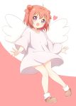  1girl :d akaza_akari angel_wings blush brown_footwear commentary_request double_bun dress eyebrows_visible_through_hair full_body heart highres looking_at_viewer medium_hair minatsuki_hitoka no_socks open_mouth pink_background redhead shoes smile solo standing two-tone_background violet_eyes white_background white_dress wings yuru_yuri 