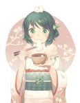  1girl ametani_kuko animal_on_head bangs bowl chopsticks commentary_request eating eyebrows_visible_through_hair floral_print food fur_collar green_eyes green_hair green_sash hands_up highres holding holding_chopsticks nengajou new_year on_head original sash upper_body wide_sleeves 