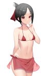  1girl absurdres bangs bare_arms bare_shoulders bikini black_hair breasts closed_mouth collarbone cowboy_shot eyebrows_visible_through_hair folded_ponytail hand_up highres kaguya-sama_wa_kokurasetai_~tensai-tachi_no_renai_zunousen~ looking_at_viewer micro_bikini parted_bangs red_bikini red_eyes sarong see-through shinomiya_kaguya short_hair simple_background small_breasts solo swimsuit white_background yuri_(chocho_q) 