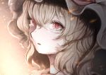  1girl blonde_hair commentary_request crying crying_with_eyes_open eyelashes flandre_scarlet fleuriste from_side hair_between_eyes hat hat_ribbon medium_hair mob_cap one_side_up parted_lips portrait red_eyes red_ribbon ribbon slit_pupils solo sparks tears touhou 