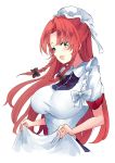  1girl alternate_costume apron apron_hold aqua_eyes bow braid breasts deetamu enmaided hair_bow hat highres hong_meiling long_hair maid maid_apron mob_cap open_mouth redhead short_sleeves simple_background solo touhou twin_braids upper_body white_apron white_background 