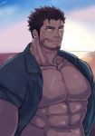  1boy abs bara beard blush brown_eyes brown_hair chest dagon_(tokyo_houkago_summoners) facial_hair harada_(basashi) looking_at_viewer male_focus manly muscle navel pectorals shirtless sketch smile solo sunrise thick_eyebrows tokyo_houkago_summoners upper_body 