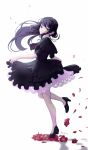  1girl absurdres akemi_homura akiyamybf black_capelet black_dress black_eyes black_footwear black_hair black_hairband black_skirt capelet dress floating_hair flower full_body hairband highres layered_skirt long_hair looking_at_viewer mahou_shoujo_madoka_magica parted_lips pumps red_flower shiny shiny_hair short_sleeves signature simple_background skirt solo standing standing_on_one_leg very_long_hair white_background 