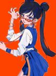  1girl black_hair blue_eyes blue_skirt double_bun glasses long_hair orange_background original red_nails skirt solo twintails uomi_(eqtjc) 