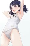  1girl armpits arms_up bangs bare_arms black_hair breasts commentary eyebrows_visible_through_hair fangs flower from_below fukumaru_koito hair_flower hair_ornament highres hiroki_(yyqw7151) idolmaster idolmaster_shiny_colors looking_away name_tag one-piece_swimsuit open_mouth school_swimsuit skin_fangs small_breasts solo swimsuit thighs twintails violet_eyes white_background white_swimsuit 