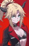 1girl bangs blonde_hair braid breasts fate/apocrypha fate_(series) french_braid green_eyes grin hair_ornament hair_scrunchie highres horns long_hair long_sleeves looking_at_viewer mordred_(fate)_(all) parted_bangs ponytail red_scrunchie scrunchie sidelocks simple_background small_breasts smile tonee 
