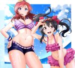  2girls :d :o adjusting_eyewear bikini black_hair bow bracelet breasts clouds cowboy_shot eyebrows_visible_through_hair eyewear_on_head frilled_bikini frills hair_between_eyes hand_on_hip highres jewelry kirisaki_reina large_breasts long_hair looking_at_viewer love_live! love_live!_school_idol_project medium_hair multiple_girls navel nishikino_maki ocean open_mouth pink_bikini purple_bikini red_bow red_eyes redhead short_shorts shorts side-tie_bikini skindentation sky small_breasts smile striped striped_bikini sunglasses sunlight swimsuit teeth thighs tongue twintails violet_eyes wet yazawa_nico 