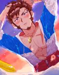 1boy abs beard blue_eyes blush bracelet brown_hair chest facial_hair fate/grand_order fate_(series) french_flag_swimsuit hand_in_hair hood hoodie jewelry long_sleeves looking_at_viewer male_focus muscle napoleon_bonaparte_(fate/grand_order) necklace open_mouth pectorals scar shitappa simple_background solo upper_body water_drop wet wet_clothes wet_hair 