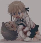  2girls blonde_hair blood blood_on_face bloody_clothes blue_eyes brown_hair grey_background hair_ribbon highres holding hozonsui injury kill_me_baby long_hair long_sleeves multiple_girls necktie nosebleed open_mouth oribe_yasuna ribbon school_uniform shirt short_hair skirt sonya_(kill_me_baby) sweat tears twintails 