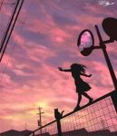  1girl artist_name balancing bulding cat dated fence highres mirror original outdoors power_lines scenery silhouette sky sunset yuruyume1224 
