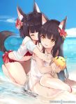  2girls alternate_costume animal_ear_fluff animal_ears anklet azur_lane beach bikini black_hair blue_sky bracelet closed_eyes closed_mouth commentary day eyewear_on_head flower fox_ears fox_tail frilled_bikini frills hair_flower hair_ornament hug hug_from_behind jewelry kneeling long_hair looking_at_another manjuu_(azur_lane) mujinbi multiple_girls mutsu_(azur_lane) nagato_(azur_lane) ocean open_mouth outdoors patreon_username red_bikini sand short_hair sitting sky smile sunglasses sunlight swimsuit tail water yellow_eyes yokozuwari 