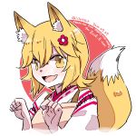  1girl animal_ear_fluff animal_ears bangs blonde_hair fang fox_ears fox_tail hair_between_eyes hair_flower hair_ornament japanese_clothes kimono lita426t looking_at_viewer miko open_mouth senko_(sewayaki_kitsune_no_senko-san) sewayaki_kitsune_no_senko-san yellow_eyes 