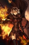  1girl 2020 armor armored_dress avril214 bangs banner black_dress black_legwear breasts breasts_apart dress fate/grand_order fate_(series) fire floating_hair gauntlets grin hair_between_eyes headpiece highres holding jeanne_d&#039;arc_(alter)_(fate) jeanne_d&#039;arc_(fate)_(all) looking_at_viewer medium_breasts outstretched_hand shiny shiny_legwear shiny_skin short_hair side_slit signature silver_hair smile solo standing thigh-highs twitter_username yellow_eyes 