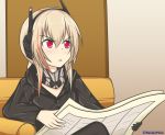  1girl bangs black_jacket blonde_hair english_commentary eyebrows_visible_through_hair facebook_username girls_frontline hair_between_eyes headgear holding holding_paper iam indoors jacket long_hair long_sleeves m4_sopmod_ii_(girls_frontline) meme multicolored_hair open_mouth paper parody red_eyes redhead sidelocks sitting sitting_on_object solo streaked_hair tom_and_jerry upper_body 