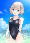  1girl black_swimsuit blue_eyes blue_sky clouds commentary_request competition_swimsuit cowboy_shot highres horizon idolmaster idolmaster_shiny_colors lens_flare looking_at_viewer low_twintails ocean one-piece_swimsuit pottya serizawa_asahi short_hair silver_hair sky solo swimsuit twintails water 