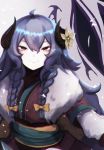  1girl ahoge animal bow braid closed_mouth flower fur_trim hair_between_eyes highres horns kindred lamb_(league_of_legends) league_of_legends long_hair pink_eyes smile spirit_blossom_kindred sutorobo72 wolf wolf_(league_of_legends) yellow_bow yellow_flower 