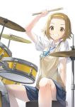  1girl :d absurdres arm_up bad_id bad_pixiv_id black_skirt blue_neckwear blue_ribbon brown_eyes brown_hair collared_shirt drum drum_set drumsticks feet_out_of_frame forehead grin hairband highres holding huge_filesize instrument k-on! kimyo looking_at_viewer miniskirt neck_ribbon open_mouth revision ribbon school_uniform shirt short_hair short_sleeves simple_background sitting skirt smile solo stool sweater_vest tainaka_ritsu teeth white_background white_shirt wing_collar yellow_hairband 