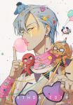  1boy 2019 balloon birthday bracelet bubble_blowing chewing_gum commentary_request dog earrings floating hair_ornament heart heart-shaped_eyewear hisoka_morow hunter_x_hunter jewelry octopus scarf skull_earrings soppaghetti sunglasses tinted_eyewear 