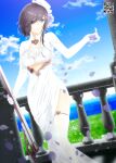  1girl ark_royal_(azur_lane) ark_royal_(pure-white_protector)_(azur_lane) azur_lane balcony bangs black_hair blue_eyes blue_sky breasts bridal_veil clouds commission cowboy_shot day dress dutch_angle english_commentary eyebrows_visible_through_hair eyes eyes_visible_through_hair falling_petals flower framed_breasts from_side gloves grass gun hair_between_eyes hair_flower hair_ornament hair_over_one_eye hat highres holding holding_gun holding_weapon indoors large_breasts long_dress looking_to_the_side lukmanscootkenn mini_hat ocean official_alternate_costume parted_lips petals pillar purple_flower purple_rose qr_code railing rifle rose short_hair side_slit sidelocks skindentation sky smile solo standing thigh-highs tilted_headwear veil weapon white_dress white_gloves 