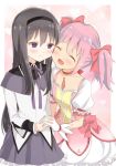  2girls akemi_homura black_hair blush closed_eyes couple hair_ribbon happy headband holding_hands interlocked_fingers kaname_madoka long_hair magical_girl mahou_shoujo_madoka_magica medium_hair multiple_girls open_mouth pink_hair pink_ribbon ribbon short_twintails simple_background smile twintails violet_eyes wei_yong yuri 