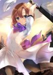  1girl bangs black_legwear blue_eyes blush boots bow brown_footwear brown_hair closed_mouth dress eyebrows_visible_through_hair hair_between_eyes hair_intakes hat higurashi_no_naku_koro_ni holding holding_weapon knee_boots looking_at_viewer medium_hair purple_bow purple_neckwear ryuuguu_rena shiny shiny_hair short_sleeves side_slit solo thigh-highs tomura2maru weapon white_dress white_headwear 