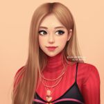  1girl artist_name blackpink brown_eyes brown_hair hair_behind_ear jewelry long_hair looking_to_the_side multiple_necklaces necklace orange_background pendant red_sweater rose_(blackpink) simple_background solo sweater turtleneck turtleneck_sweater umigraphics upper_body 
