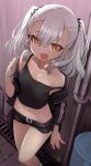  1girl bangs bare_shoulders copyright_request fang highres izuoku jacket looking_at_viewer navel open_clothes open_jacket open_mouth short_shorts shorts silver_hair skin_fang smile solo twintails yellow_eyes 