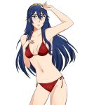  1girl armpit bikini blue_eyes blue_hair blush breasts cowboy_shot cute fire_emblem fire_emblem:_kakusei fire_emblem_13 fire_emblem_awakening fire_emblem_heroes intelligent_systems long_hair looking_at_viewer lucina lucina_(fire_emblem) navel nintendo parted_lips red_bikini simple_background solo strawberrykiwikat summer_scramble super_smash_bros. swimsuit tiara 