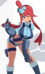  1girl ;q bangs belt blue_belt blue_eyes blue_footwear blue_gloves blue_jacket blue_shorts blush boots breasts commentary_request cowboy_shot cropped_jacket elbow_gloves eyebrows_visible_through_hair fuuro_(pokemon) gloves grey_background gym_leader hair_between_eyes hair_ornament hand_on_own_knee highres holding holding_poke_ball holster jacket knee_boots large_breasts leaning_forward long_hair looking_at_viewer midriff navel one_eye_closed one_side_up poke_ball poke_ball_(basic) pokemon pokemon_(game) pokemon_bw redhead sakuraidai short_shorts shorts sidelocks smile solo standing thigh_holster tongue tongue_out two-tone_background white_background 