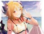  1girl arknights baiwanxinliang bangs bare_shoulders bikini blonde_hair blue_sky blush brown_eyes choker commentary_request day grin hair_between_eyes hand_up horns ifrit_(arknights) looking_at_viewer one_eye_closed ore_lesion_(arknights) outdoors red_choker short_hair sky smile solo swimsuit upper_body w white_bikini 