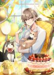  1boy animal aononchi balloon blonde_hair bow bowtie brown_eyes cake cat chair character_request clothes copyright_request food fork fruit grey_shirt highres jewelry long_sleeves male_focus necklace shirt short_hair smile strawberry twitter_username watermark white_shirt 