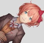  1girl :d bangs blue_eyes bow commentary doki_doki_literature_club grey_background grey_jacket hair_between_eyes hair_bow hand_on_own_stomach jacket kouzuki_kei looking_at_viewer lying on_back open_clothes open_jacket open_mouth pink_hair red_bow sayori_(doki_doki_literature_club) school_uniform short_hair simple_background smile solo upper_teeth wing_collar 