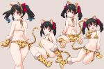  1girl animal_ears animal_print ass back bare_arms bare_legs bare_shoulders beige_background bikini black_hair bow fake_animal_ears fake_tail flat_chest fur_trim gloves hair_bow highres kurokawa_makoto leopard_ears leopard_print leopard_tail long_hair looking_at_viewer love_live! love_live!_school_idol_project multiple_views navel open_mouth paw_gloves paw_shoes paws red_bow red_eyes shoes side-tie_bikini simple_background sitting standing swimsuit tail twintails yazawa_nico yellow_bikini 
