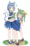  2girls animal_ears ascot bangs blue_footwear blue_hair blue_shirt blue_skirt blush brown_footwear cat_ears cat_tail cirno collared_shirt daiyousei dog_ears dog_tail embarrassed eyebrows_visible_through_hair fairy_wings frown green_eyes green_hair hair_ribbon highres holding_another&#039;s_tail ice ice_wings kemonomimi_mode loafers looking_at_another mamemochi mary_janes medium_skirt multiple_girls neck_ribbon notice_lines one_eye_closed open_mouth red_neckwear ribbon shirt shoes short_hair short_sleeves side_ponytail skirt skirt_lift skirt_set skirt_tug smile socks sparkling_eyes tail touhou white_background white_legwear wing_collar wings yellow_neckwear yellow_ribbon 