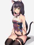  1girl akire_zz animal_ear_fluff animal_ears bangs bare_shoulders black_hair blush breasts cat_ears cat_girl cat_tail eyebrows_visible_through_hair fang green_eyes highres karyl_(princess_connect!) lap_pillow_invitation leg_garter long_hair looking_at_viewer low_twintails multicolored_hair open_mouth princess_connect! princess_connect!_re:dive seiza sitting solo streaked_hair sweat tail thigh-highs thighs twintails very_long_hair white_hair 