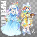 2girls beco_(100me) blue_dress blue_eyes book boots bow checkered checkered_background copyright_name crown dress earrings green_scarf hair_bow hair_ribbon highres jacket jewelry kersti_(paper_mario) super_mario_bros. multiple_girls orange_hair outline paper_mario paper_mario:_sticker_star patterned_background personification pointy_ears rainbow_print ribbon scarf see-through short_hair sidelocks signature sticker super_paper_mario tippi_(paper_mario) tress_ribbon white_footwear white_hair white_outline yellow_jacket 