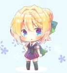  1girl :o bangs blonde_hair blue_background blue_eyes blue_skirt blush bow braid breasts cape chibi collared_shirt commentary_request eyebrows_visible_through_hair floral_background full_body green_bow green_cape green_legwear green_vest hair_between_eyes hair_bow hair_bun hair_intakes hand_on_hip kantai_collection kouu_hiyoyo looking_at_viewer necktie over-kneehighs parted_lips perth_(kantai_collection) plaid plaid_skirt pleated_skirt purple_neckwear shirt short_sleeves skirt small_breasts solo standing thigh-highs vest white_shirt 