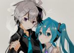  2girls absurdres androgynous aqua_eyes aqua_hair aqua_neckwear bare_shoulders black_shirt cigarette commentary crying crying_with_eyes_open flower_(vocaloid) grey_shirt hair_ornament hand_on_another&#039;s_shoulder hatsune_miku headphones highres holding holding_cigarette long_hair looking_at_viewer multicolored_hair multiple_girls necktie note55885 parted_lips purple_hair purple_neckwear ringed_eyes shirt short_hair sketch sleeveless sleeveless_shirt smoke streaked_hair tears twintails upper_body v_flower_(vocaloid4) violet_eyes vocaloid white_hair 