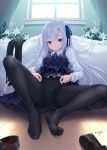  1girl bangs bed bedroom black_legwear blue_ribbon blush dress feet flower frilled_dress frills hair_ribbon indoors iya_na_kao_sare_nagara_kozukuri_sasete_moraitai kurenai_musume long_hair long_sleeves looking_at_viewer miru_tights no_shoes panties panties_under_pantyhose pantyhose ribbon shoes signature sitting skirt skirt_lift solo spread_legs underwear white_flower white_hair white_panties window wooden_floor 