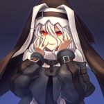  1girl arknights artist_name bangs black_dress chagara commentary_request dress eyebrows_visible_through_hair grey_hair habit hair_between_eyes hands_up long_hair looking_at_viewer nun parted_lips red_eyes silver_hair smile solo specter_(arknights) yandere_trance 